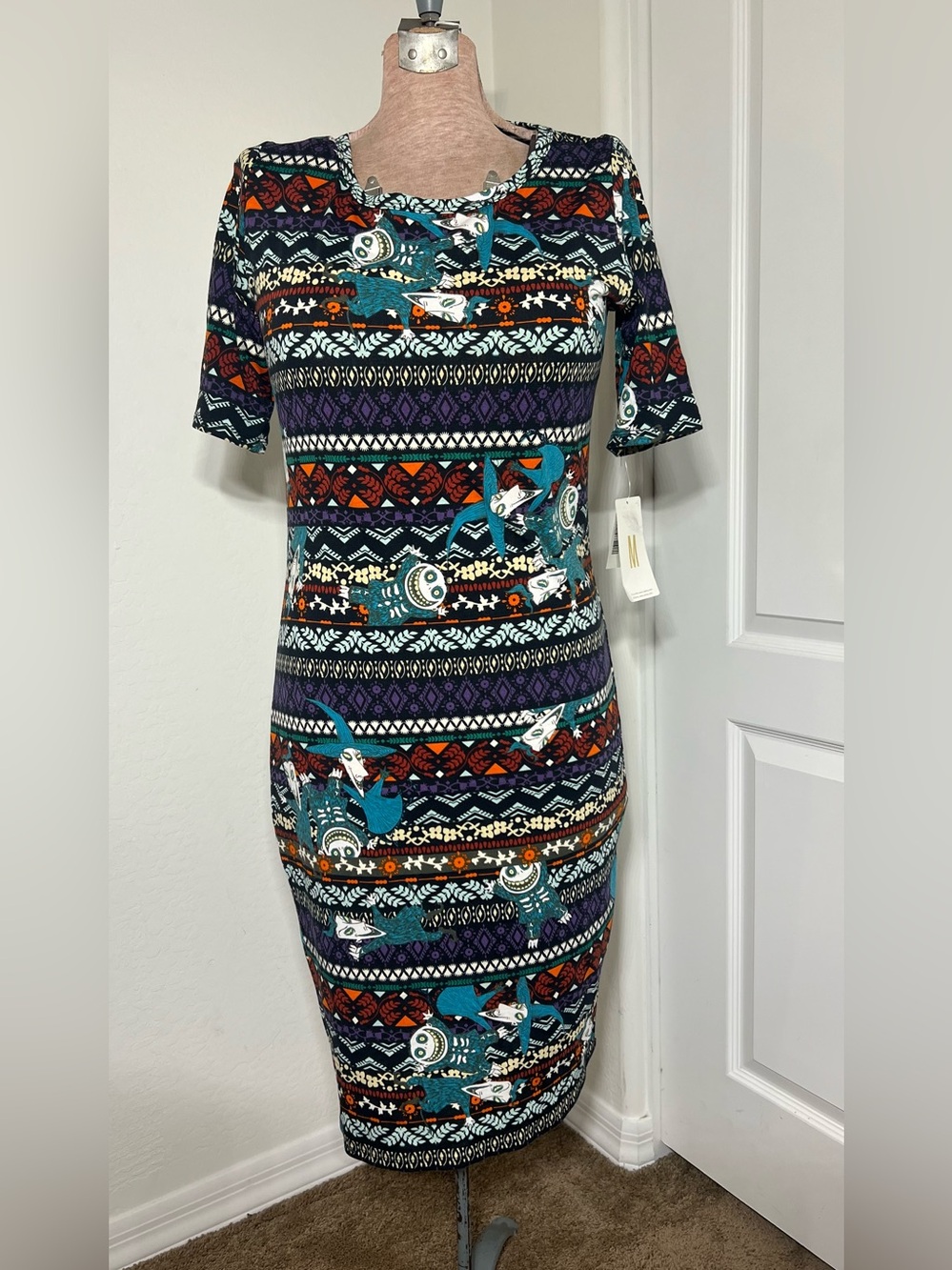 LuLaRoe Teal Purple Orange Black Cream Patterned Midi Dress